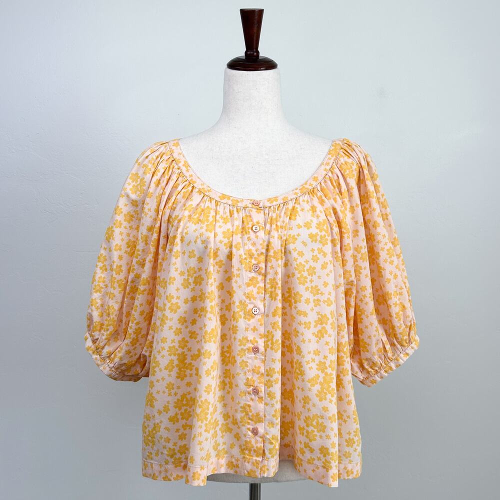 Sundry Yellow Ditsy Floral Puff Sleeve 100% Cotton Puff Sleeve Blouse MEDIUM